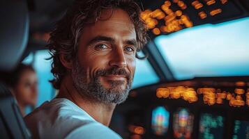 In cockpit of modern airplane Jesus Christ sits confidently controls steering aircraft through clear skies while providing sense of calm and peace passengers behind him photo