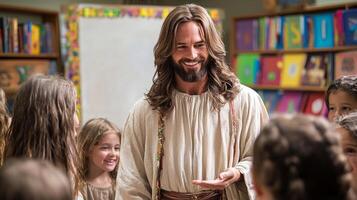 In classroom filled books and decorations Jesus Christ stands whiteboard warmly explaining lessons attentive children who smile and engage enthusiasm photo
