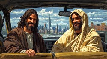 Jesus Christ taxi driver greets passenger warm smile while seated in yellow cab. bright city skyline is visible through windows showcasing vibrant urban atmosphere photo
