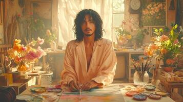 In bright studio filled natural light Jesus Christ is immersed in creating lively landscape on canvas. Colorful palettes and brushes enhance creative atmosphere photo