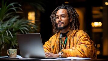 Jesus Christ in business casual attire sits desk laptop and paperwork. He interacts kindly colleagues surrounded warm office atmosphere photo