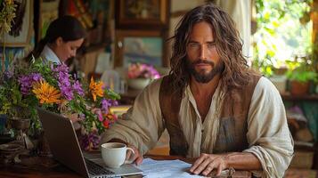 In vibrant office Jesus Christ interacts warmly colleagues his desk surrounded paperwork laptop and mug of coffee dressed in business casual attire photo
