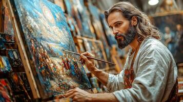 In lively studio Jesus Christ paints stunning landscape on canvas surrounded colorful palettes and brushes as completed artworks adorn walls showcasing creativity and passion photo