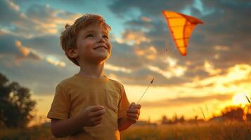 cheerful Caucasian boy stands in field holding string of brightly colored kite. sunset casts warm golden light enhancing joy of flying kite clear blue sky photo
