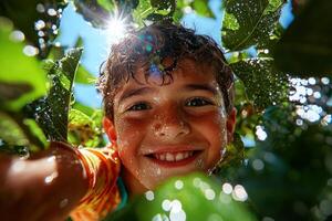 cheerful Hispanic boy is climbing tree in sunny park smiling brightly camera. vibrant colors and natural setting create joyful atmosphere filled energy and fun photo