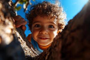 In sunny park Hispanic boy climbs tree grinning down camera. bright sunlight enhances vibrant colors of scene making it cheerful and lively photo