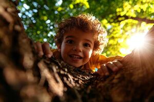cheerful Hispanic boy is climbing tree in sunny park smiling down excitedly while surrounded bright greenery and sunlight filtering through leaves photo