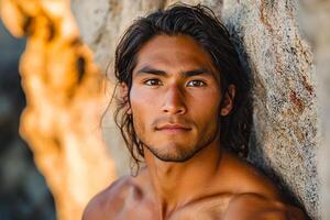 determined Native American rock climber utilizes prosthetic arm ascend rugged rock face. warm sunset glow creates stunning silhouettes and highlights his strength photo