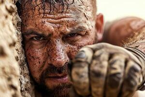 climber grips rock wall prosthetic hand sweat glistening as sun sets behind him. His expression reveals determination and resilience amidst challenging conditions photo