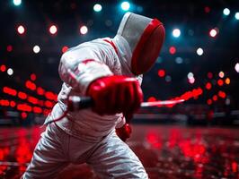 bright arena bursts light as Caucasian fencer lunges forward determination. fencer wears leg prosthetic demonstrating skill during high stakes match photo