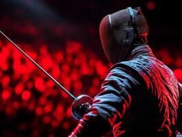 fencer prosthetic leg lunges dynamically during match in vibrant arena illuminated striking dramatic lighting emphasizes moment photo