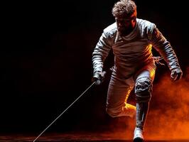 skilled fencer lunges dramatically in competitive match showcasing agility and determination. powerful arena lighting emphasizes intensity of moment photo