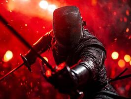 skilled fencer prosthetic limb lunges powerfully during thrilling match bright arena lights showcasing determination and athleticism in every move photo