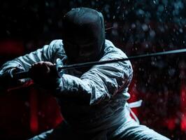 skilled fencer prosthetic leg lunges aggressively during competition. dramatic lighting creates intense atmosphere emphasizing action and determination involved in sport photo