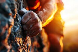Climber focuses intently on challenging rock wall showcasing determination and strength. warm glow of setting sun highlights climber's prosthetic hand and glistening sweat photo