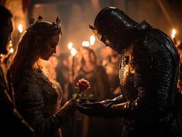 robot in tuxedo kneels before medieval princess presenting rose while surrounded fascinated noblemen and women illuminated flickering torchlight photo