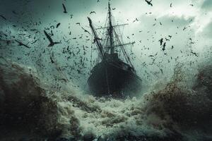 fishing boat is tossed powerful waves amidst tumultuous ocean as rain pours down creating chaotic atmosphere dark ominous clouds overhead photo