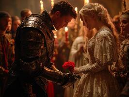 In low angle view robot in tuxedo kneels offer rose princess. Noblemen and women observe in awe illuminated flickering torchlight enhances robot's shine photo