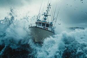 powerful fishing boat maneuvers through enormous waves rain and sea spray adding chaotic atmosphere. Dark clouds loom overhead intensifying dramatic weather photo