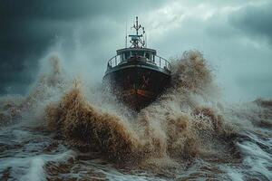 fishing boat faces tumultuous waves tossing violently as dark clouds loom overhead. Rain and sea spray create chaotic atmosphere filled intensity and drama photo