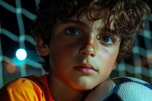 Middle Eastern boy stands confidently holding soccer ball in evening light. goalpost in background is illuminated highlighting his determination and focus photo