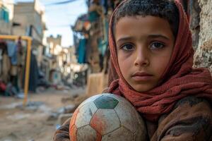 Middle Eastern boy stands confidently soccer ball gazing camera as evening light enhances scene. goalpost is seen in background of urban setting photo