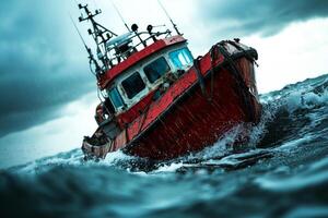 fishing boat is tossed towering waves as rain falls and sea spray surrounds it. Dark clouds loom overhead intensifying chaotic atmosphere of maritime struggle photo