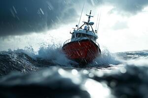 fishing vessel fights against towering waves while rain pelts down and sea spray erupts around it. Dark clouds loom overhead enhancing dramatic atmosphere during storm photo