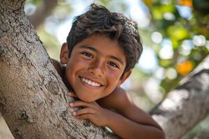 young Hispanic boy climbs tree in sunny park his bright smile radiating joy as he looks down camera. setting features vibrant colors and cheerful atmosphere photo