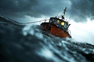 fishing boat struggles against towering waves while rain and sea spray surround it. Ominous clouds loom overhead creating dramatic and chaotic atmosphere photo