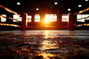 empty boxing ring stands dawn illuminated warm sunlight streaming through open doors creating serene atmosphere filled dancing dust particles photo
