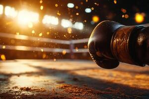 low angle shot captures empty boxing ring dawn. Warm sunlight beams through open doors enhancing serene yet gritty atmosphere filled floating dust particles photo