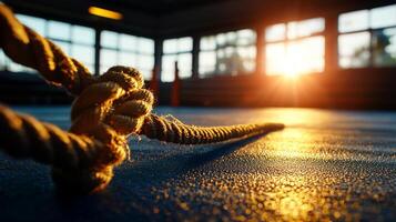 low angle shot captures empty boxing ring illuminated warm sunlight streaming through large gym windows. tranquil atmosphere conveys calmness after previous intensity photo