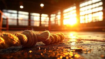 boxing ring stands empty sunrise warm golden light filtering through large windows. Ropes glisten enhancing calm and reflective ambiance of gym after intense training sessions photo
