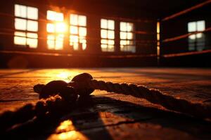 Dust particles float in air as sunlight filters through window illuminating empty boxing ring its worn canvas and tall ropes suggesting quiet moment in energetic space photo