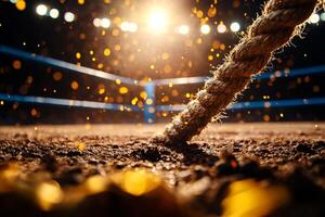 empty boxing ring is captured from low angle emphasizing worn canvas and towering ropes. Dust particles dance in warm light filtering through window creating nostalgic atmosphere photo