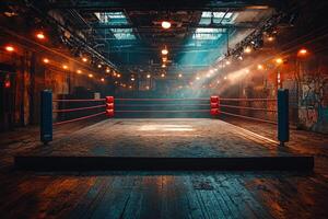 Ceiling lights illuminate empty boxing ring creating dramatic shadows and reflections on polished wooden floor. setting evokes dark and moody ambiance photo