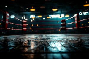 Ceiling lights cast striking shadows on empty boxing ring highlighting polished wooden floor below. environment has dark and moody atmosphere evokes anticipation photo