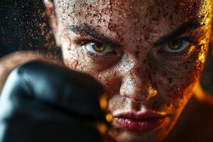 determined boxer prosthetic hand practices her craft in ring showcasing strength and focus dramatic lighting highlighting her fierce expression photo