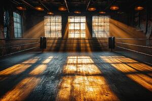 Ceiling lights cast dramatic shadows across empty boxing ring polished wooden flooring. atmosphere is dark and moody evoking sense of anticipation photo