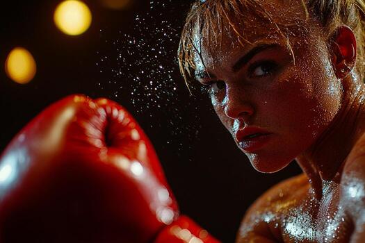determined Caucasian boxer practices strong punch in training ring illuminated dramatic spotlights. Her expression reflects focus and resilience while she trains hard photo
