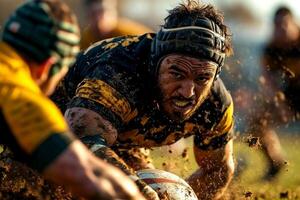 Hispanic rugby player prosthetic arm fiercely tackles opponent amid cloud of dirt on grassy field during intense match showcasing athleticism and determination photo