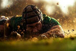 On grassy field Hispanic rugby player prosthetic arm executes powerful tackle against opponent photo