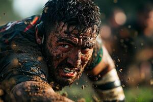On grassy field Hispanic rugby player prosthetic arm fiercely tackles opposing player dirt flying in air as they collide in energetic display of sportmanship photo