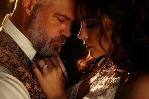 middle aged transgender couple shares tender moment in front of mirror. One partner adjusts other's tie showcasing loving connection and warmth in softly lit room photo