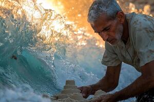 boy focused on constructing sandcastle on beach vibrant waves crashing nearby soft morning light creating lively atmosphere for his activity photo