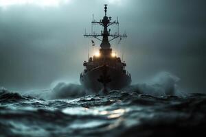 modern naval destroyer is observed in fierce storm powerfully cutting through relentless waves. Mist and spray engulf vessel as deep tones dominate atmosphere photo