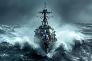 modern naval destroyer maneuvers through fierce storm its engines pushing against towering waves. Mist and spray envelop ship in deep moody tones as it navigates tumultuous sea photo
