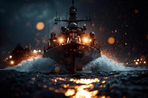 modern naval destroyer navigates tumultuous waters as powerful engines propel it forward. Relentless waves crash around while mist envelops vessel creating moody atmosphere photo