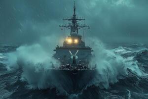 modern naval destroyer faces severe storm strong waves crashing against its hull. Mist and spray envelop vessel as it navigates through turbulent waters photo